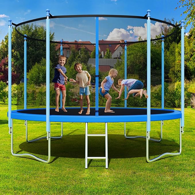 Trampoline with Enclosure - 12FT & 14FT Recreational Trampolines, Ladder, AntiRust Coating, ASTM Approved