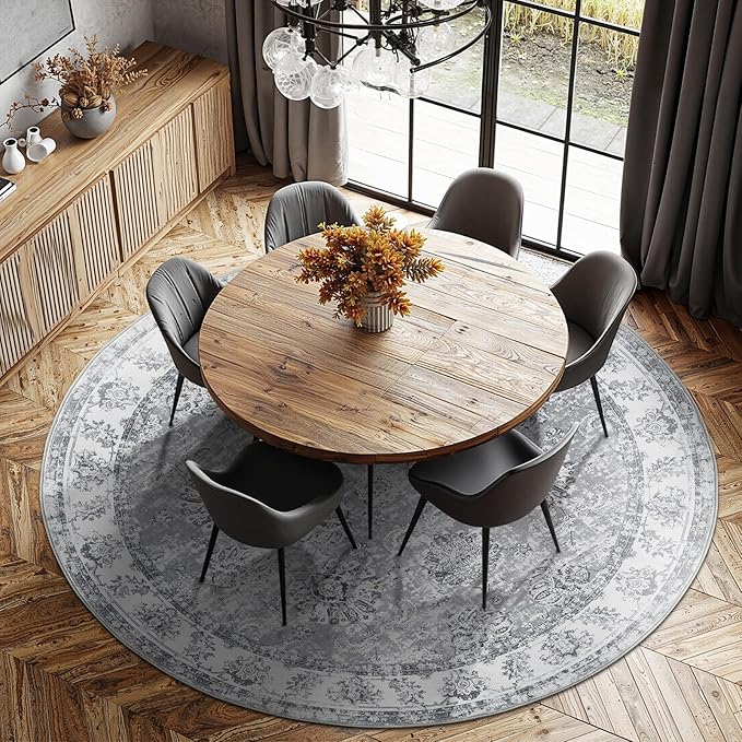 jinchan Round Rug 7ft Area Rug - Grey Vintage Floor Mat Kitchen Indoor Ultra-Thin Soft Floral Print - Washable Circle 7' Retro Accent for Farmhouse Non Slip Dining Room Living Room Bedroom Office