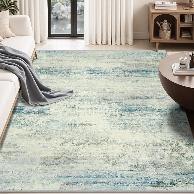 5x7 Area Rugs for Lliving Room Bedroom, Abstract Washable Rugs with Non-Slip Backing, Stain Resistant Thin Carpet for Dorm Dining Room Table Nursery Indoor Home Office-Blue/Gray