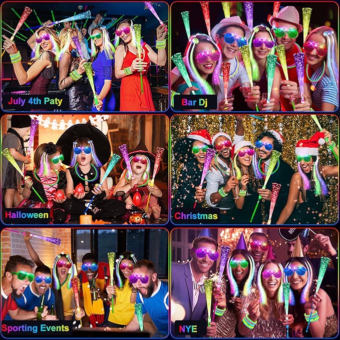 148 PCS Glow in the Dark Party Supplies, 16 Fiber Optic Wands, 14 LED Glasses, 100 Glow Sticks and 18 LED Hair Clips Fiber Optic for Neon Party, Wedding, Birthday, Concert, New Year