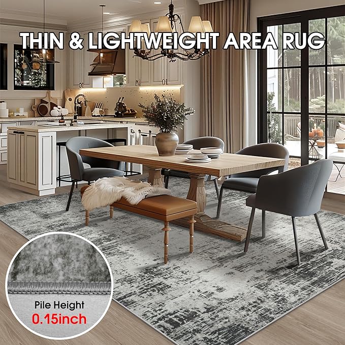 Area Rugs 8x10 Living Room Rugs: Modern Abstract Washable Rug with with Non-Slip Backing, Stain Resistant Indoor Floor Large Carpet for Bedroom Dining Room Table Nursery Hallway Home Office-Black/Gray