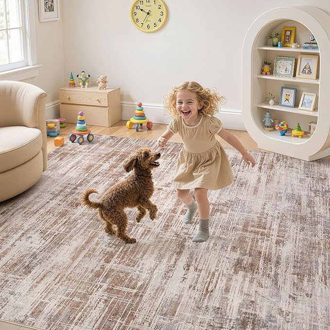 Area Rug for Living Room: 9x12 Washable Neutral Abstract Modern Soft Rugs Non Slip Indoor Floor Stain Resistant Large Carpet for Bedroom Dining Room Office Nursery - Red Brown