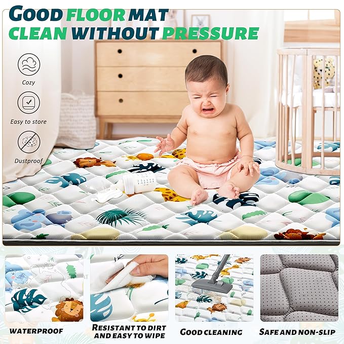 Baby Play Mats for Floor, 50x50 Playpen Mat for Babies, Extra Thicker & Soft Floor Crawling Mat, Foldable Non-Slip Playmat Cushioned for Infants Toddlers, Cute Animal Design