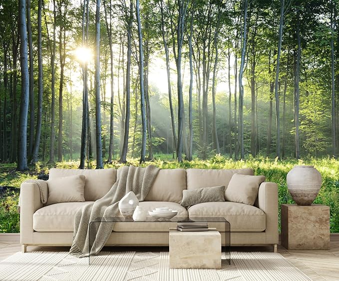 Green Sunshine Forest Woodland Wallpaper Mural for Living Room Bedroom Dining Room Basement(Not Self-Adhesive)