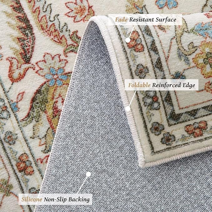Washable 3x5 Entryway Rug Indoor, Boho Non-Slip Silicone Backing Small Rugs for Kitchen Nursery Office Bedroom, 0.3" Neutral Oriental Throw Carpet with 0.16" Cushioning Pad, Light Beige/Multi