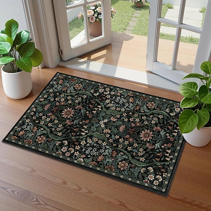 Floral 2x3 Entryway Rug,Washable Front Door Mat Indoor Non Slip Low Pile Small Carpet, Soft Black Boho Botanical Throw Rug for Bathroom Bedroom Kitchen Laundry Indoor Entrance