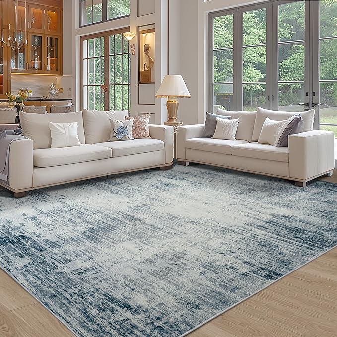 Area Rug 9x12 Washable Rugs: Abstract Large Living Room Rugs with Non-Slip Backing, Stain Resistant Indoor Floor Carpet for Bedroom Dining Room Table Nursery Hallway Home Office-Blue/Ivory