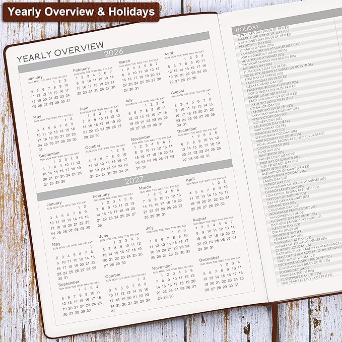 2026 Planner - JAN 2026 - DEC 2026, Planner 2026, Weekly and Monthly Planner, Leather Cover Calendar Planner with Thick Paper, Back Pocket with Notes Pages, Brown (8.5" x 11")