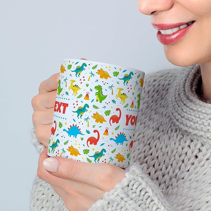 Personalized Mug for Kids - Dinosaurs - Custom Name/Text, Ceramic Hot Chocolate/Cocoa/Coffee Cup for Boys/Girls, Birthday/Christmas/Holiday Gift - 11 oz, Red Handle