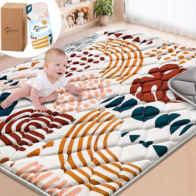 Baby Play Mats for Floor, 71x59 Playpen Mat for Babies, Extra Thicker & Soft Floor Crawling Mat, Foldable Non-Slip Playmat Cushioned for Infants Toddlers, Boho Leaf Design