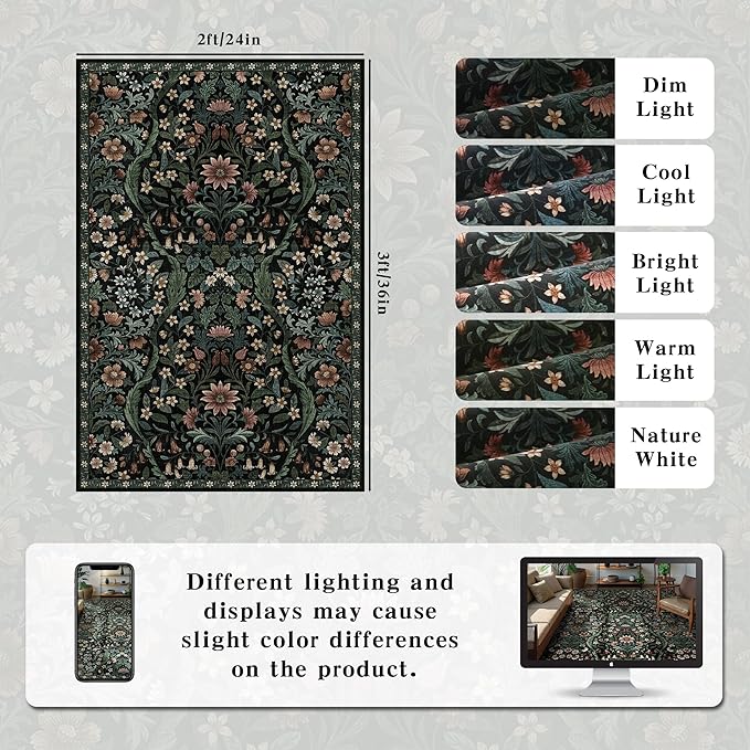 Floral 2x3 Entryway Rug,Washable Front Door Mat Indoor Non Slip Low Pile Small Carpet, Soft Black Boho Botanical Throw Rug for Bathroom Bedroom Kitchen Laundry Indoor Entrance