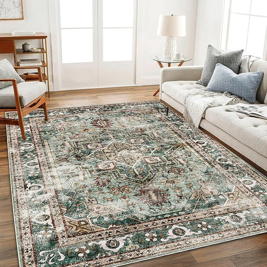 6'x9' Green Washable Area Rug Boho Chic Medallion Distressed Design Non-Shedding Easy Care Ideal for High Traffic Areas in Living Room Bedroom Office Kitchen Coffee Table Large Carpet