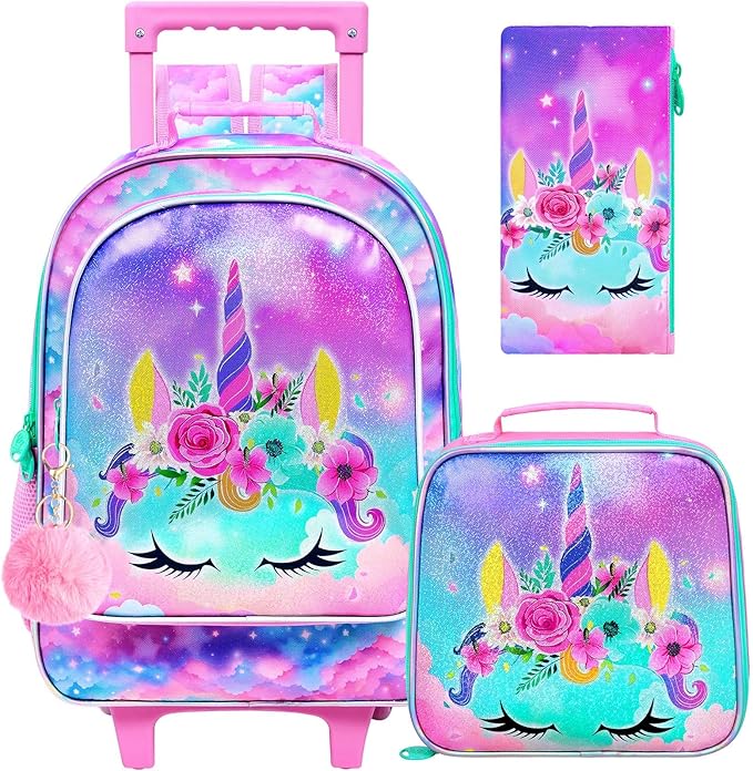 Girls Rolling Backpack, Cute Unicorn Roller Wheels Kids Bookbag - Wheeled Elementary School Bag - 3PCS Unicorn