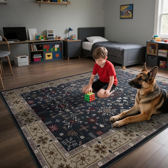 6x9 Washable Blue Area Rug for Living Room Bedroom, Boho Dining Room Rugs for Under Table, Large Low Pile Non-Slip Vintage Print Carpets for Farmhouse, Office, Dorm