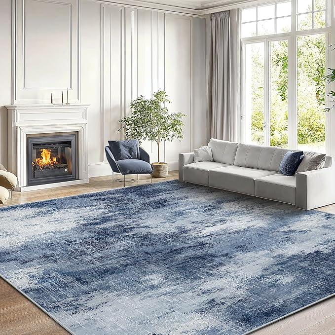 Amada 9x12 Large Area Rugs, Modern Living Room Rugs with Non-Slip Backing & Short Pile, Washable Rug with Abstract Pattern for Living Room, Bedroom and Dinning Room, Dark Blue
