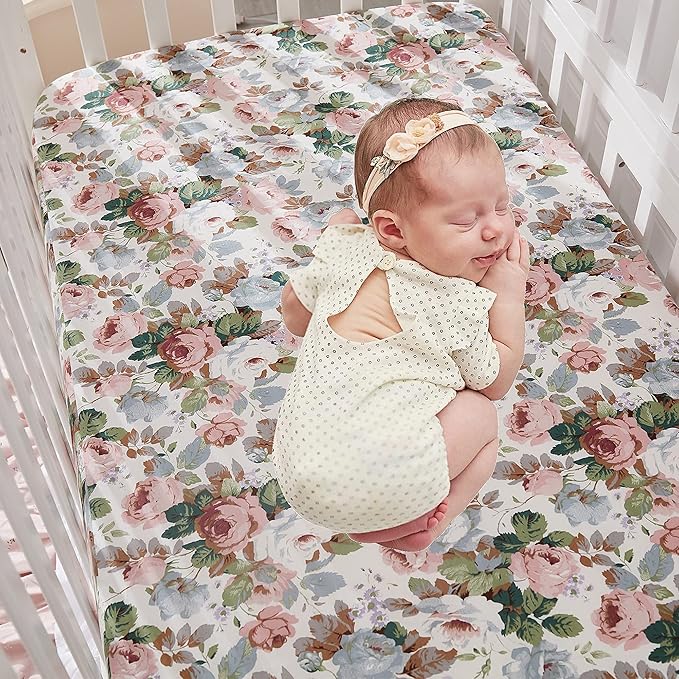 Brandream French Country Garden Floral Crib Bedding Sets for Girls Baby Nursery Bedding Set 3 Piece Ruffled Baby Quilt, Crib Sheet, Crib Skirt - White Blush Pink Green