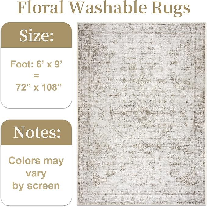 6x9 Washable Area Rug for Living Room, Non-Slip Distressed Rugs for Bedroom Dinning Room, Ultra-Thin Indoor Non-Shedding Vintage Print Carpet for Farmhouse, Home Office, Dorm Light Taupe/Cream
