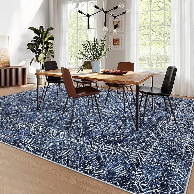 COZYLOOM Area Rug 5x7 Washable Rug for Living Room Bedroom Playroom Nursery Vintage Non Slip Low Pile Soft Throw Floor Cover Geometric Tribal Foldable Indoor Carpet, Blue