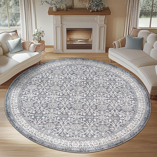 jinchan Round Rug 8ft Washable Circle Soft Rug - Low Pile Vintage 8'Round Indoor Grey Floral Print Stain Resistant Boho Carpet Ultra-Thin Non-Slip for Living Room Bedroom Dining Room Kitchen