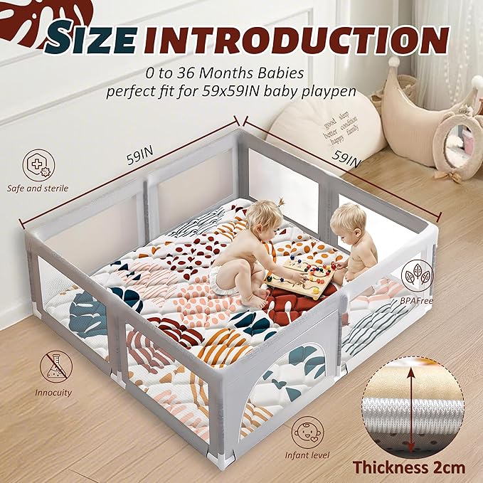 Baby Play Mats for Floor, 59x59 Playpen Mat for Babies, Extra Thicker & Soft Floor Crawling Mat, Foldable Non-Slip Playmat Cushioned for Infants Toddlers, Boho Leaf Design