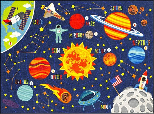 KC Cubs 8x10 Outer Space Solar System Toy Car Road Rug – Educational Play Mat Carpet for Kids, Toddlers, Nursery, Classroom, Playroom, Baby Daycare