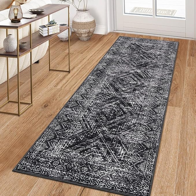 COZYLOOM Rug Runners 2x8 Washable for Hallway Vintage Non Slip Area Rug Geometric Soft Throw Rugs Low Pile Stain Resistant Carpet for Office Dining Room Living Room, Black