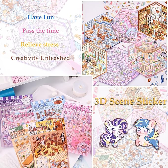 DIY 3D Sticker Scene, 6 Sets of Aesthetic Stickers for Girls Make Your Own Mini Shop Scenes Stickers for Kids Sticker Therapy for Adult Relief Stress Pass The Time