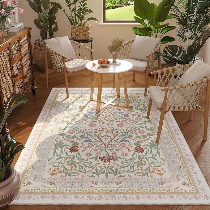 Bedroom Rug 3x5 Rug Washable Area Rug Non Slip Low Pile Vintage Floral Botanical Small Carpet for Bedroom, Bedside, Kitchen, Entryway, Kids Room, Office, Beige