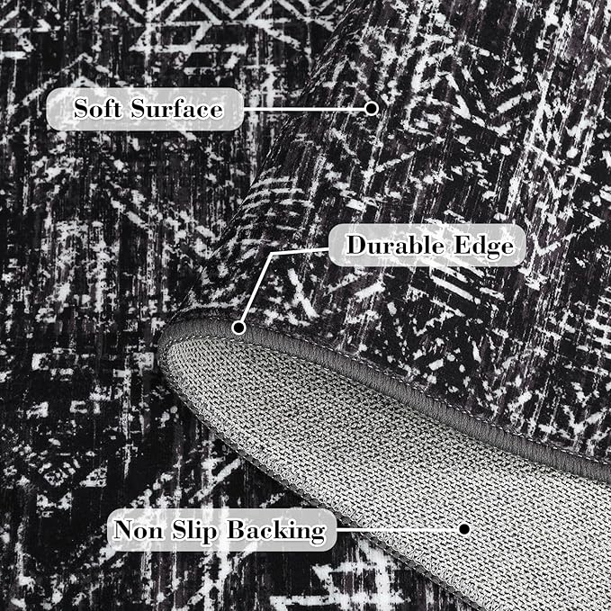 COZYLOOM Rug Runners 2x6 Washable Rugs for Bedroom Hallway Dining Room Living Room, Vintage Rug Non Slip Area Rug Geometric Soft Throw Rugs Low Pile Stain Resistant Carpet, Black