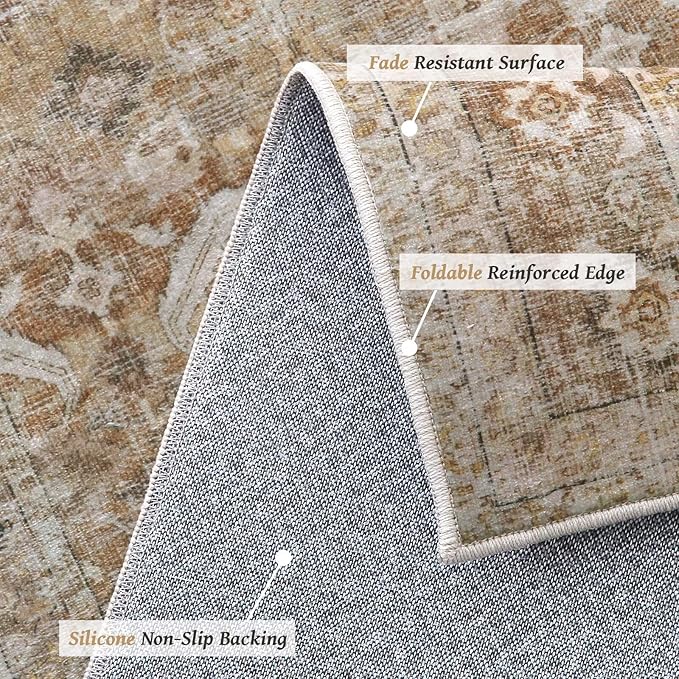 Washable 10x14 Area Rugs for Living Room, Boho Non-Slip Silicone Backing Rugs for Bedroom Dining Room Office, 0.3" Neutral Oriental Throw Carpet with 0.16" Cushioning Pad, Brown/Multi