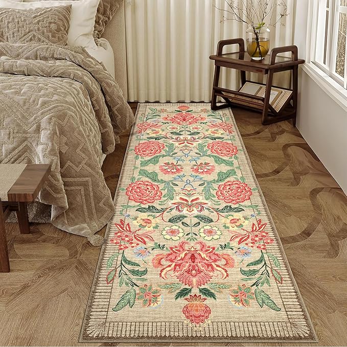 GarveeHome Floral 2x6 Washable Kitchen Runner Rugs Non Slip Camel Taupe Brown Vintage Boho Cottage Long Rug for Hallways Bedroom Entryway Bathroom Mat with Rubber Back