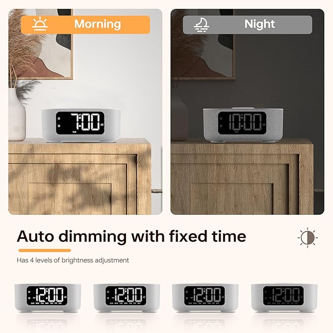 JALL Fabric Alarm Clock for Bedroom, with Big Led Screen Display, Bluetooth Stereo Sound Speaker, FM Radio, Fast Wireless Charging, USB Charging Port, Nightlight, White Noise, Ideal for Gift, Gray