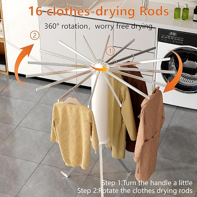 Foldable Tripod Clothes Drying Rack, Collapsible Laundry Drying Rack, Portable Octopus Laundry Stand with 16 Extendable Aluminum Rods White & Silver Space Saving Holder for Indoor Outdoor
