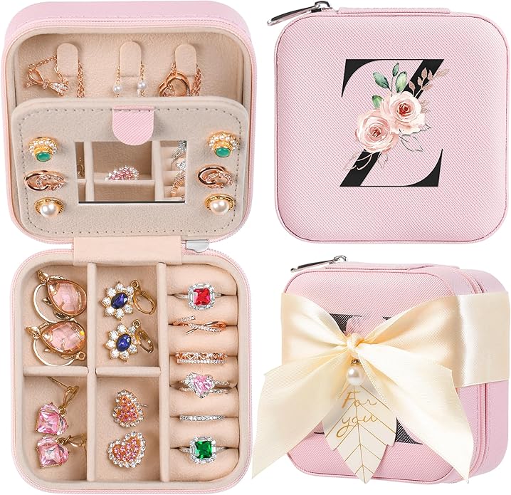 AYGXU Travel Jewelry Box for Women and Girls - Small Case With Initial A-Z - Teacher Gifts