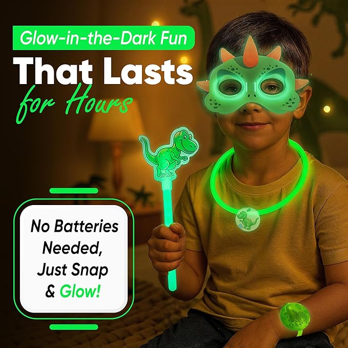 Dinosaur Party Favors Pack – Glow in the Dark Party Supplies | 6 Dinosaur Masks, 6 Bracelets, 6 Necklaces, 6 Wands, 42 Dino Glow Sticks & 80 Stickers | Birthday Classroom Halloween Trick or Treat