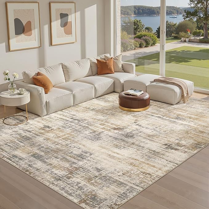 Area Rug for Living Room: 10x14 Washable Neutral Abstract Modern Soft Rugs Non Slip Indoor Floor Stain Resistant Large Carpet for Bedroom Dining Room Office Nursery - Golden Brown