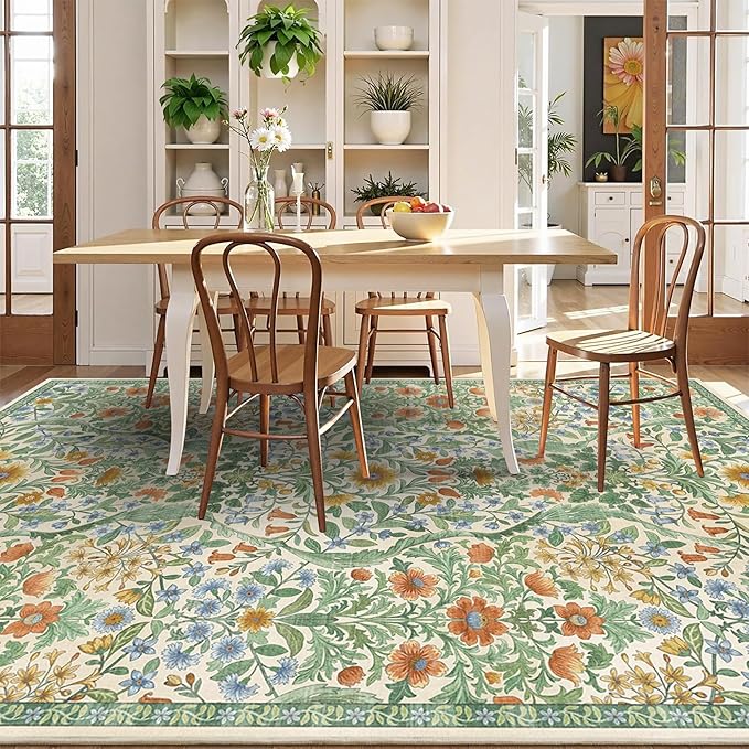 5×7 Grass Green Washable Floral Area Rug,Vintage Boho Soft Low-Pile Living Room Rugs, Stain Resistant Botanical Non-Slip Carpet for Bedroom,Dining Room, Kids Nursery,Home Decor