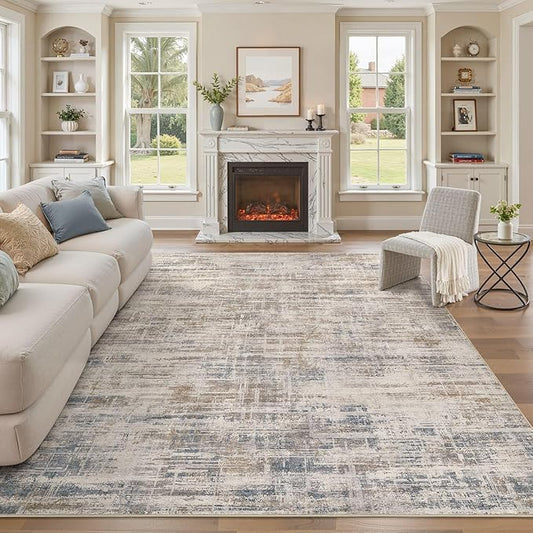 Area Rug for Living Room: 10x12 Washable Neutral Abstract Modern Soft Rugs Non Slip Indoor Floor Stain Resistant Large Carpet for Bedroom Dining Room Office Nursery - Brown