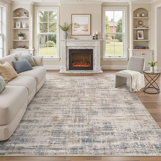 Area Rug for Living Room: 8x10 Washable Neutral Abstract Modern Soft Rugs Non Slip Indoor Floor Stain Resistant Large Carpet for Bedroom Dining Room Office Nursery - Brown