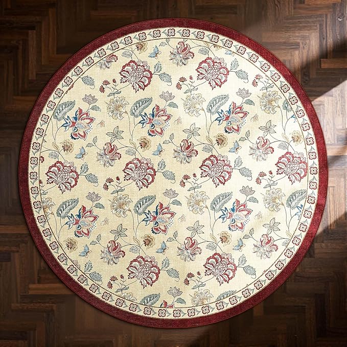 jinchan 6ft Floral Round Rug for Dining Room Washable Living Room Rug Vintage Romance Design Non Slip Indoor Floor Cover Lightweight Low-Profile Throw Carpet for Bedroom Porch Patio, Red/Beige