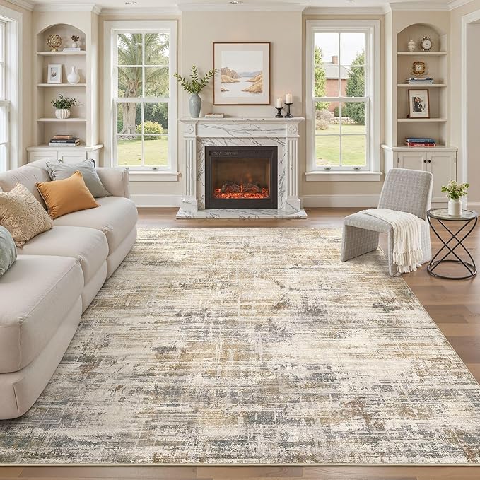Area Rug for Living Room: 10x12 Washable Neutral Abstract Modern Soft Rugs Non Slip Indoor Floor Stain Resistant Large Carpet for Bedroom Dining Room Office Nursery - Golden Brown