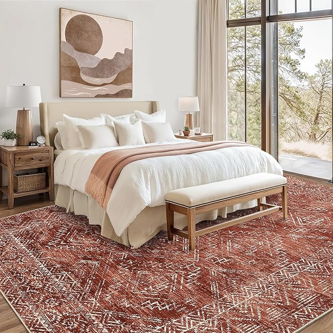 COZYLOOM 5x7 Area Rug for Bedroom Machine Washable Area Rugs Modern Abstract Carpet with Non Slip Backing Geometric Stain Resistant Foldable Indoor Mats for Living Room, Dining Room, Red