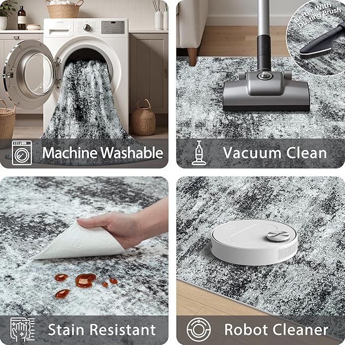 Area Rugs 8x10 Living Room Rugs: Modern Abstract Washable Rug with Non-Slip Backing, Stain Resistant Indoor Floor Large Carpet for Bedroom Dining Room Table Nursery Hallway Home Office Dark Black/Gray