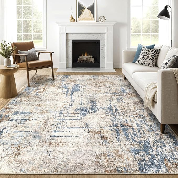 10x12 Area Rug Living Room: Washable Large Abstract Modern Soft Rugs Stain Resistant Indoor Floor Non Slip Accent Carpet for Bedroom Nursery Playroom Office Dining Room Dorm Home House- Tan Blue