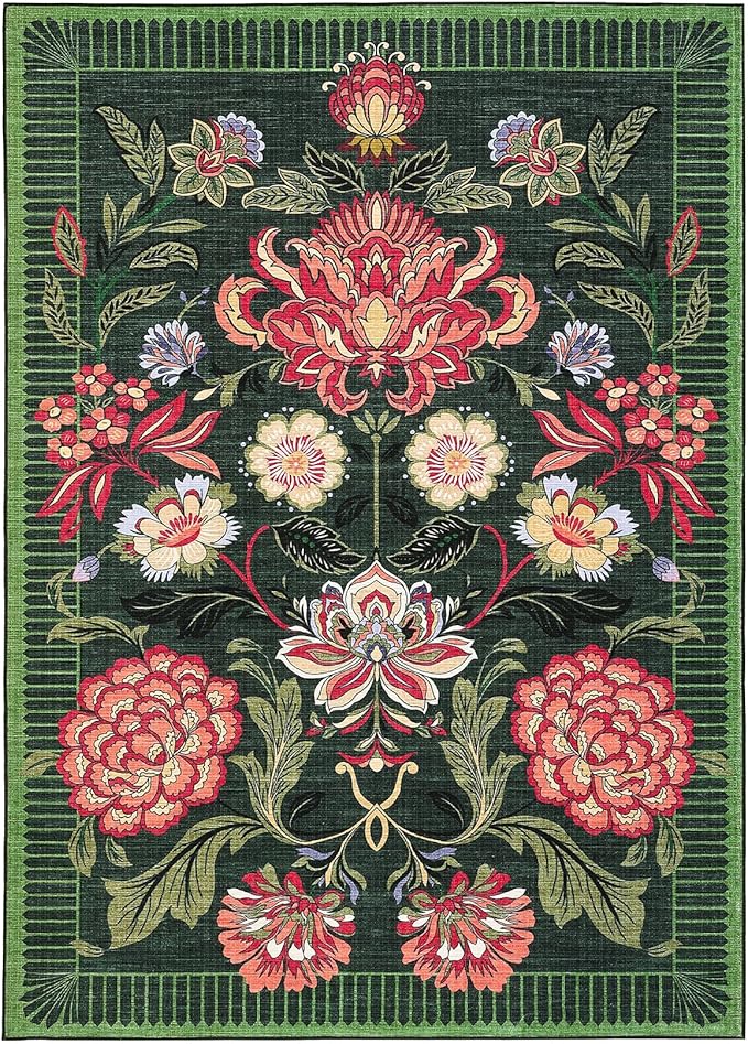 GarveeHome Forest Green Floral Botanical Washable 8x10 Rug for Living Room Soft Vintage Boho Cottage Large Rugs Low-Pile Carpet for Bedroom Dining Nursery Rug