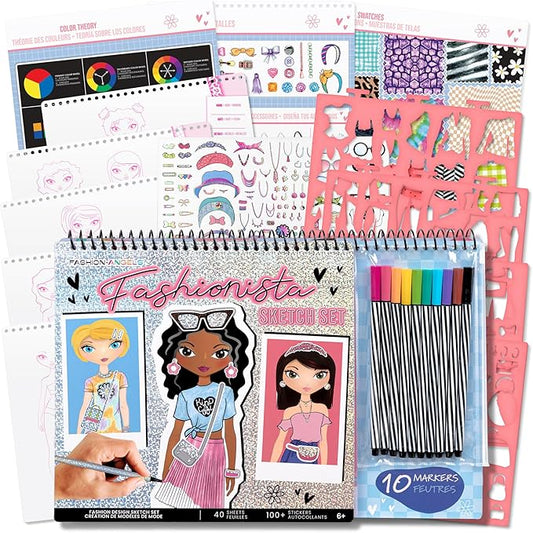 Fashion Angels Fashionista Sketch Set, Includes Sketch Pad with Stencils & Stickers, Fashion Design Sketch Book for Girls, Ideal Drawing Kit for Kids