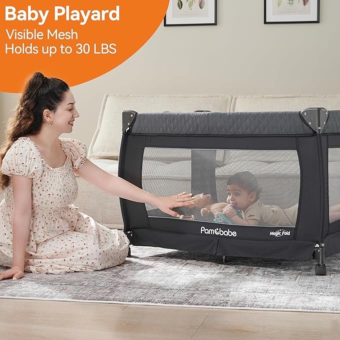 Pamo Babe 1-Second Setup 4-in-1 Playard for Babies - Heavy-Duty Steel Frame for Safe Sleep Space, Portable Crib with Changing Table, Locking Wheels, Breathable Mesh