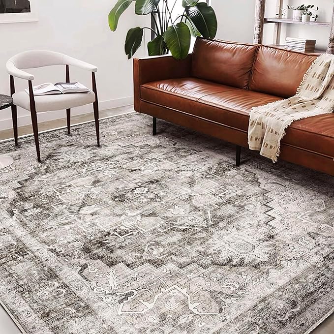 Area Rug 6'x9' Deep Khaki Washable Vintage Traditional Floor Cover Thin Retro Kitchen Indoor Distressed Non Slip Carpet for Living Room Bedroom Dining Room
