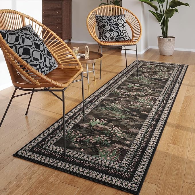 2x6 Runner Rug Impressionist-Style Vintage Kitchen Rugs Non Slip Washable Soft Carpet Runner for Kitchen Laundry Bedroom Bathroom, Black