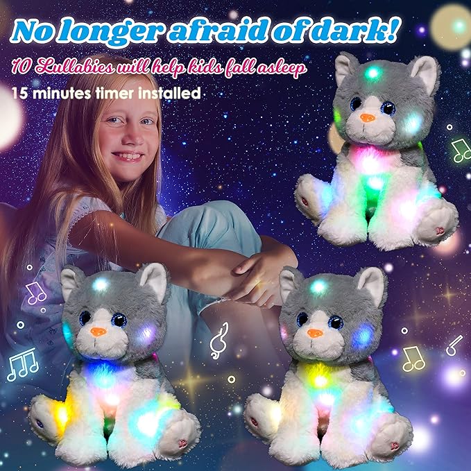 Cuteoy Light-up Singing Plush Cat LED Musical Kitty Stuffed Animal Adjustable Volume Lullaby Plushies Birthday Christmas Toy Gifts for Kids Toddler Girls, 10.5"